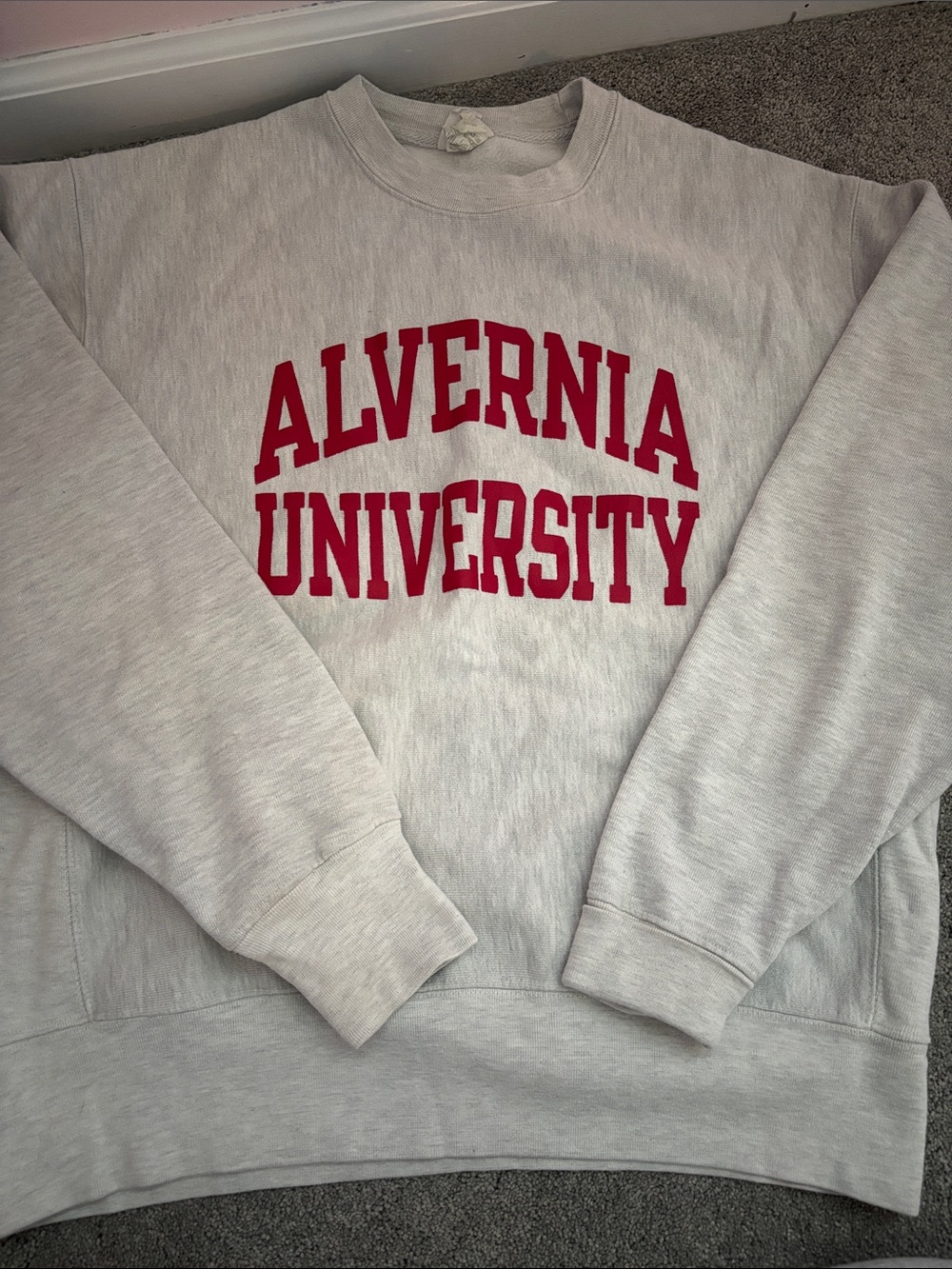 Champion Light Gray Crewneck Sweatshirt with Red "Alvernia University" Print